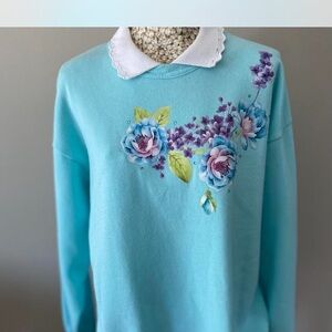 Floral Embroidered Women's Sweater - Blue Vintage 90s